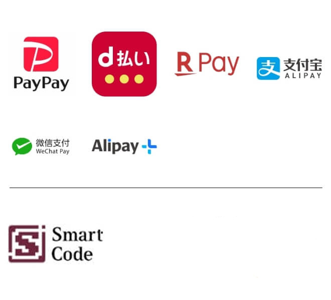 PayPay、d払い、楽、天Pay、Alipay、WeChat Pay、Alipay+、Smart Code